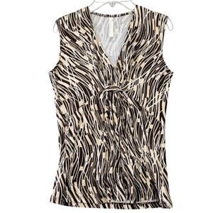 Lea Nicole Shirt Brown Preppy Stripe Sleeveless Gathered V-Neck Women Size S Top